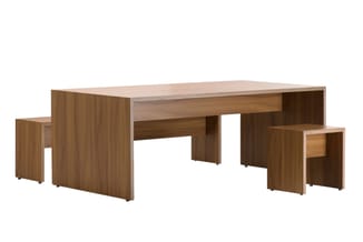 Lande Cheek vergaderset met verstek gezaagde wangen en doorlopende houtnerf in noten finish voor een monolithisch kantoorontwerp