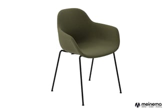 Groene fauteuil met golvende rugleuning en zitting, zwarte metalen poten, op wit oppervlak.
