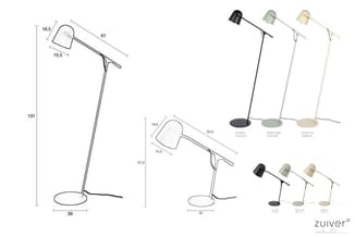 Zuiver bureaulampen in drie uitvoeringen: staande lamp (131cm hoogte) en tafellampen (57,5cm) in zwart, groen en crème met af