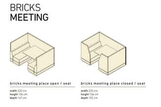 Bricks Meeting: twee varianten van een hoekbank in beige. Links open zit, rechts gesloten zit. Afmetingen en configuraties we