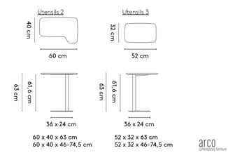Technische tekeningen van twee utensils met afmetingen. Utensils 2: 60x40cm tafelblad, 63cm hoogte. Utensils 3: 52x32cm tafel