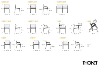 Technische tekeningen van THONET stoelen met afmetingen. Weergegeven zijn verschillende modellen (S360, S361, S362) in varian