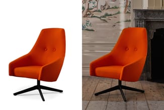 Oranje draaibare loungefauteuil met zwart kruispotenonderstel, weergegeven in studioaanzicht (links) en in ruimtelijke settin
