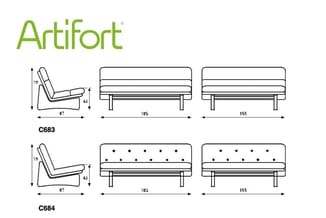 Artifort zitmeubel- en bankcollectie met technische afmetingen. Model C683 en C684 loungestoel (87x79x43cm). Banken in twee m