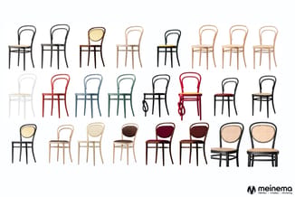Collectie van houten stoelen in verschillende kleuren en afwerkingen, onder meer met rotan, stof of houten zitting, uitgevoer