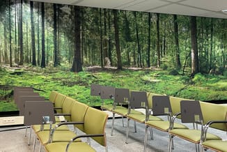 Gele kantoorstoel met bruin rugleuning en chromen frame, in groep geplaatst in moderne ruimte met groot forest-raampartij.
