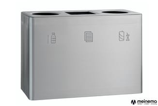Roestvrijstalen afvalbak met drie gescheiden compartimenten voor recycling, voorzien van pictogrammen voor plastic, papier en