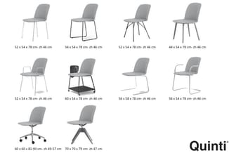 Tien grijze stoelen Quinti in verschillende uitvoeringen met metalen onderstel, inclusief kantoor-, vergader- en bureaustoel