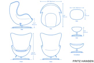 Fritz Hansen design fauteuil met technische tekeningen: zijaanzicht, vooraanzicht, achteraanzicht en bovenaanzicht met afmeti