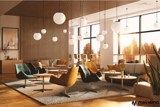 Modern lounge met gele en groene fauteuils, hangende bollampen, houten lattingplafond, grote ramen met uitzicht, houten vloer