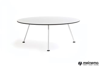Ronde vergadertafel met wit blad, zwarte rand en aluminium poten met zwarte voetjes.
