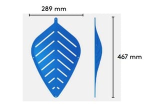 Blauw bladvorming wanddecoratie met afmetingen 289 mm breed en 467 mm hoog, getoond in voor- en zijaanzicht.