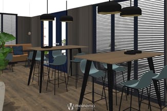 Modern kantoorinterieur met twee houten bartafels, grijze barkrukken, zwarte hanglampen, bruine bank, en horizontale latten w
