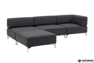 Grijze hoekbank met chaise longue, modulair ontwerp, chromé poten, gestoffeerd in donkergrijs weefsel.