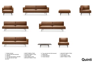 Quinti bruine leren zitgroep met verschillende configuraties: fauteuil, twee- en driezitsbanken, poef, salontafel en hoekelem