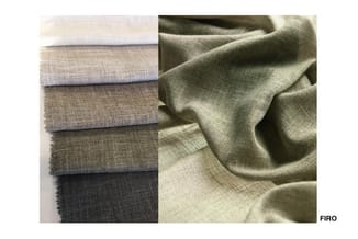 Stoffalen in neutrale tinten: wit, grijs, beige en donkergrijs. Rechts detail van groenige stof met plooien. Merk FIRO.