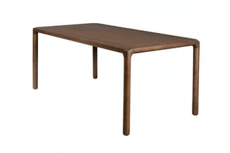 Houten vergadertafel met donkerbruine afwerking en ronde poten, rechthoekige tafelblad.