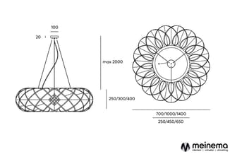 Technische tekening van twee hangende design-lampen: links een ovale variant aan kettingen (max hoogte 2000mm), rechts een ro