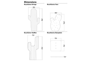 Technische dimensionstekeningen van vier cactus-vormige producten: Gringo (90x168cm), Taco (102x151.5cm), TexMex (81x177cm) e