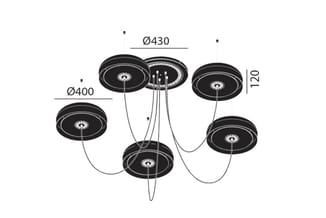 Technische tekening van een hanglamp-installatie met vijf zwarte ronde lampen (Ø400, Ø430) op verschillende hoogtes (120mm) o