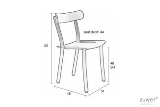 Technische tekening van een stoel met houten zitting en rugleuning. Afmetingen: hoogte 82 cm, zithoogte 48 cm, zitdiepte 44 c