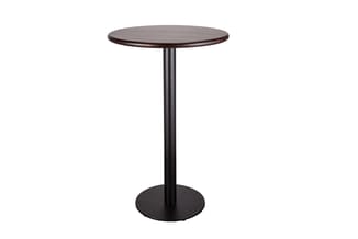 Ronde staande tafel met donkerbruin houten blad en zwart metalen zuil op rond voetje.