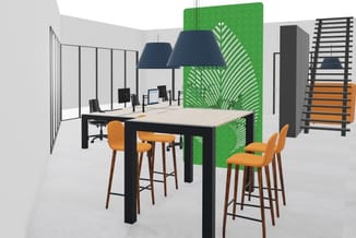 Modern kantoor met zwarte vergadertafel, oranje barkrukken, blauwe hanglamp, groen akoestisch scherm met plantenprint en glaz
