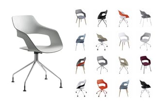 Draaibare designstoel met witte kunststof schaal, grijze details en metalen pootonderstel. Daarnaast 15 varianten in verschil