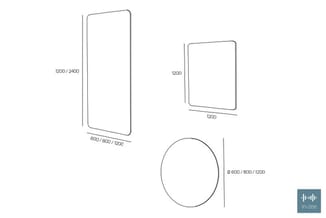 Technische tekeningen van akoestische panelen: twee rechthoekige varianten (600-1200mm breed, 1200-2400mm hoog) en één ovaal