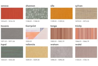 Kleurstalen voor bekleding met namen en artikelnummers: seneca (rood), shannon (grijs), sila (oranje), sylvan (beige), tesser