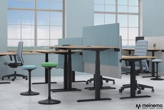Modern kantoor met zwarte bureaus, blauwe akoestische schermen, grijze ergonomische stoelen en groene zitballen bij grote ram