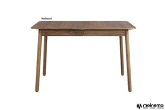 Walnoot houten uitschuiftafel met afgeronde tafelblad en ronde poten, vrijstaand tegen witte achtergrond.