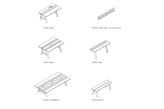 PicNic collectie: schetsmatige weergave van zes modulaire tafels en een verbindingspaneel in verschillende formaten en config