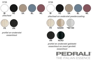 Kleurstalen Pedrali zitschaal 3725 en zitschaal met onderstel poedercoating 3726 met opties zwart, naturel, zand, blauw en bo