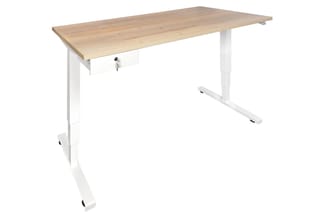 Zit-sta bureau met naturel houten blad en wit metalen onderstel, voorzien van een kleine lade met slot.