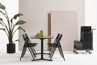 Kantoorruimte met ronde zwarte tafel, vier zwarte stoelen met houten armleuningen, plant in zwarte pot, beige akoestische pan