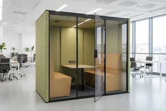 Groene belcel met glazen wanden en zwart frame, beige stoelen, in modern kantoor met werkplekken.