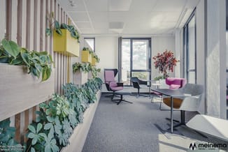 Modern kantoor met grijze vloer, roze fauteuils, houten wandbeplating, gele wandelementen en veel groene planten. Grote ramen