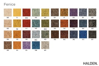 Fenice stoffenkaart: 45 kleurstalen in tinten beige, geel, rood, grijs, groen, bruin, oranje, paars en blauw met nummering.
