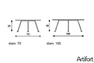 Twee vergadertafels met trapeziumvormige poten: model diam. 70 (H35cm) en model diam. 100 (H40cm), bovenaanzicht en zijaanzic
