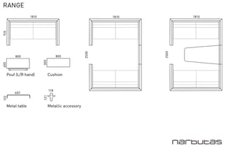 Range bureaustoel met afmetingen: zitting 1810x925mm, pouf 800x400mm, kussen 800x300mm, metalen onderstel en accessoires.