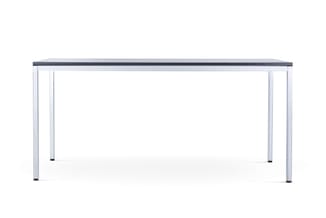 Rechthoekige vergadertafel met donkergrijs blad en zilverkleurig aluminium onderstel met vier poten.