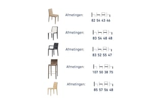 Vijf stoelen met afmetingen: grijze stoel (82 54 43 46), witte stoel (83 54 48 48), zwarte stoel met armleuningen (83 52 55 4