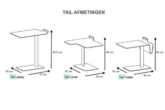 Drie uitvoeringsvormen van Tail bureaus: Laptop (65,5 cm hoog), Corner (48 cm hoog) en Folded (48 cm hoog) met afmetingen aan