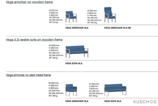 Vega-meubelserie: blauwe fauteuils en sofas op houten en metalen frames met afmetingen en gewicht. Inclusief 4LA, 4LA HB, SLA