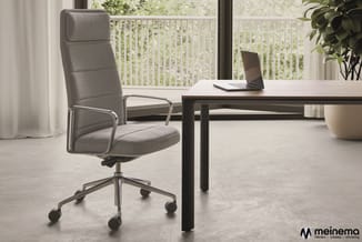 Grijze bureaustoel met hoge rugleuning en armleuningen aan zwarte bureau bij raam, laptop op tafel, potplant en gordijnen zic