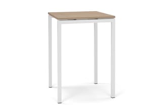 Staande bartafel met wit metalen frame en natuurkleurig houten tafelblad, rechthoekige vorm, minimalistisch design.
