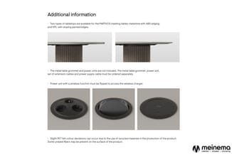 PARTHOS vergadertafel tafelbladen: melamine met ABS-rand en HPL met schuine rand. Daaronder drie zwarte power units met draad