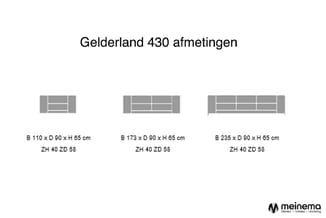 Gelderland 430 afmetingen: drie grijze banken in verschillende breedtes (110, 173 en 235 cm) met zithoogte en ruglengte speci
