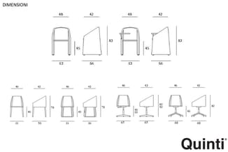 Technische dimensioontekeningen van Quinti stoelen en bureaustoelen met maten in centimeters, front- en zijaanzichten.